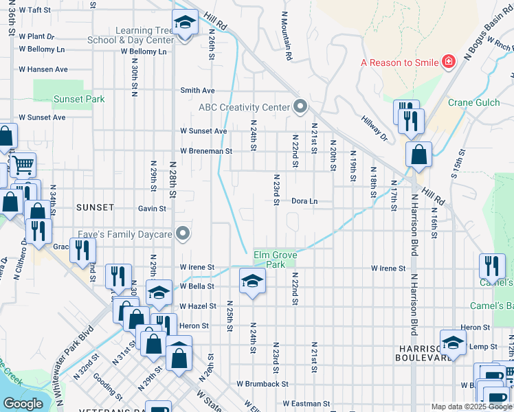 map of restaurants, bars, coffee shops, grocery stores, and more near 2103 North 24th Street in Boise