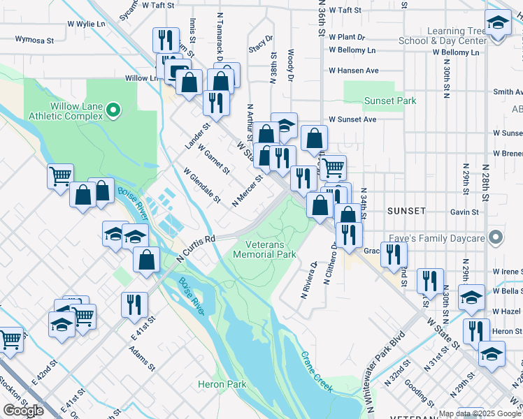 map of restaurants, bars, coffee shops, grocery stores, and more near 1021 Stilson Road in Boise