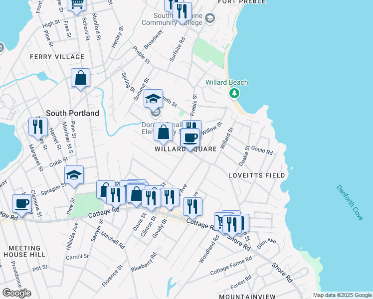 map of restaurants, bars, coffee shops, grocery stores, and more near in South Portland