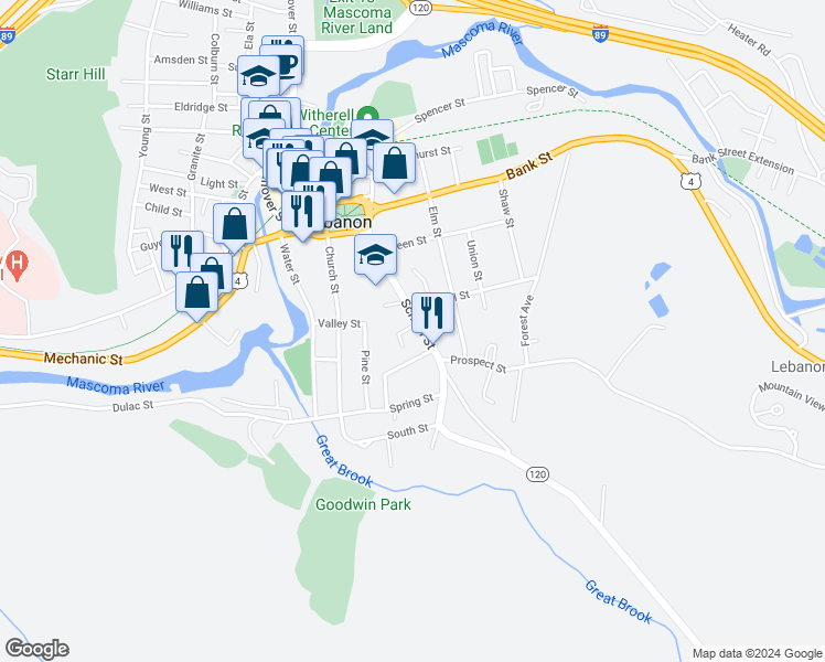map of restaurants, bars, coffee shops, grocery stores, and more near 42a School Street in Lebanon