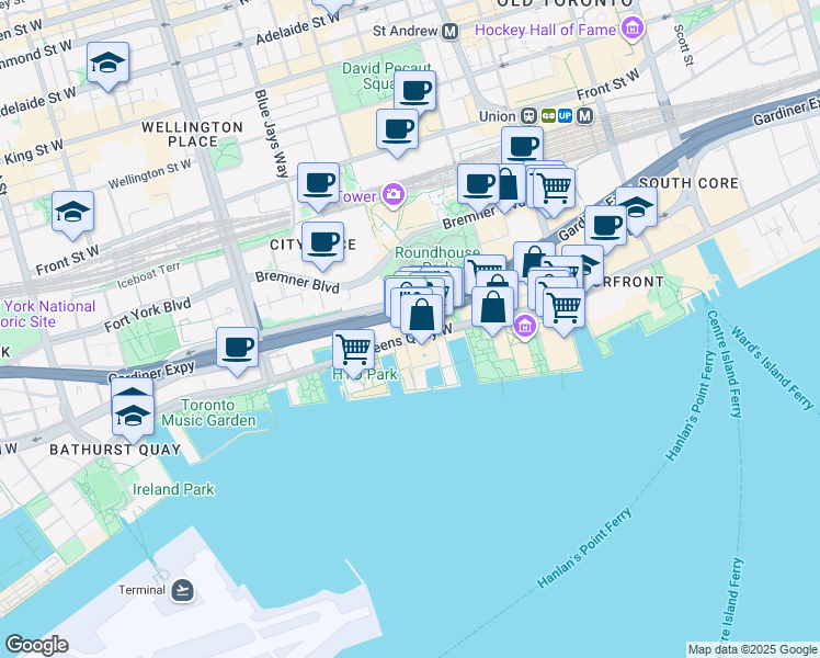 map of restaurants, bars, coffee shops, grocery stores, and more near 249 Queens Quay West in Toronto