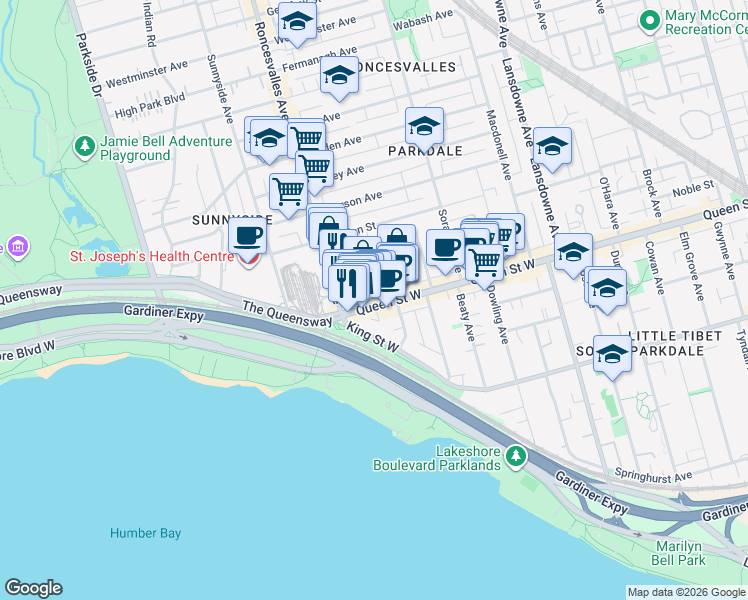 map of restaurants, bars, coffee shops, grocery stores, and more near in Toronto