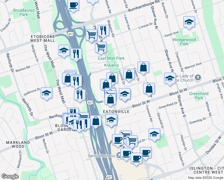 map of restaurants, bars, coffee shops, grocery stores, and more near in Toronto