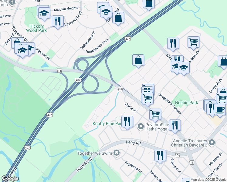 map of restaurants, bars, coffee shops, grocery stores, and more near 7471 Magistrate Terrace in Mississauga