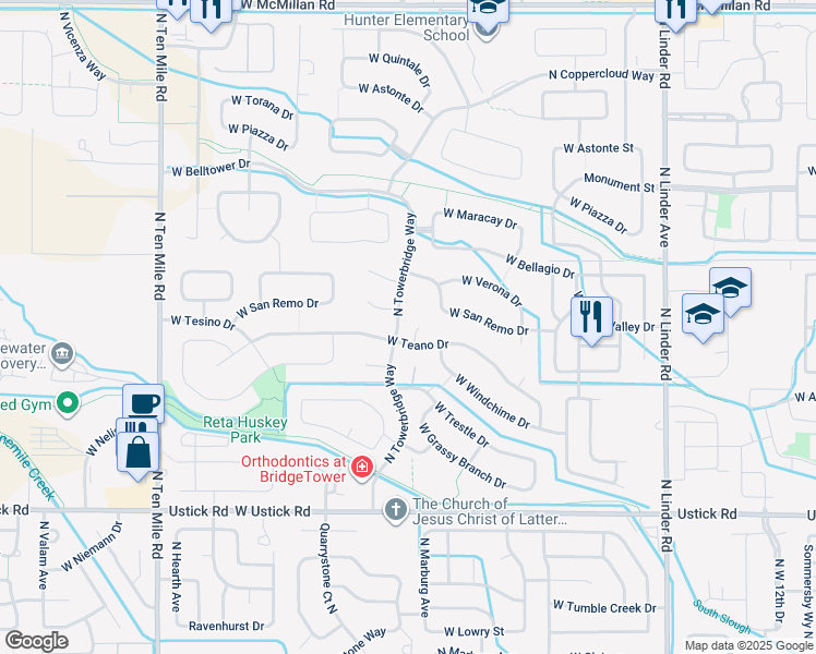 map of restaurants, bars, coffee shops, grocery stores, and more near 3797 North Palatine Place in Meridian