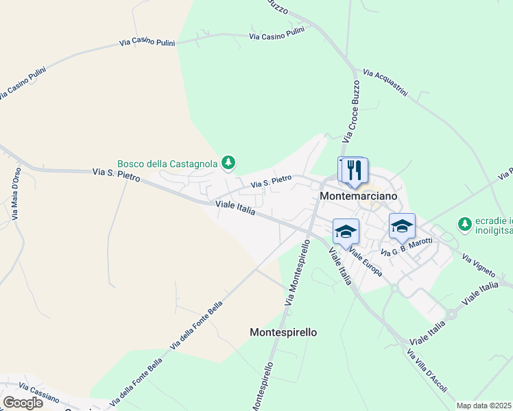 map of restaurants, bars, coffee shops, grocery stores, and more near 13A Via San Pietro in Montemarciano