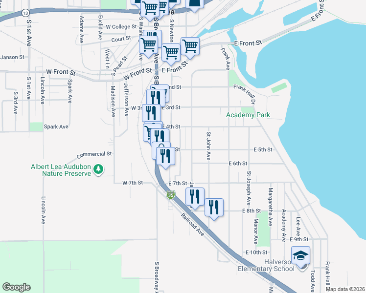 map of restaurants, bars, coffee shops, grocery stores, and more near 1018 James Avenue in Albert Lea