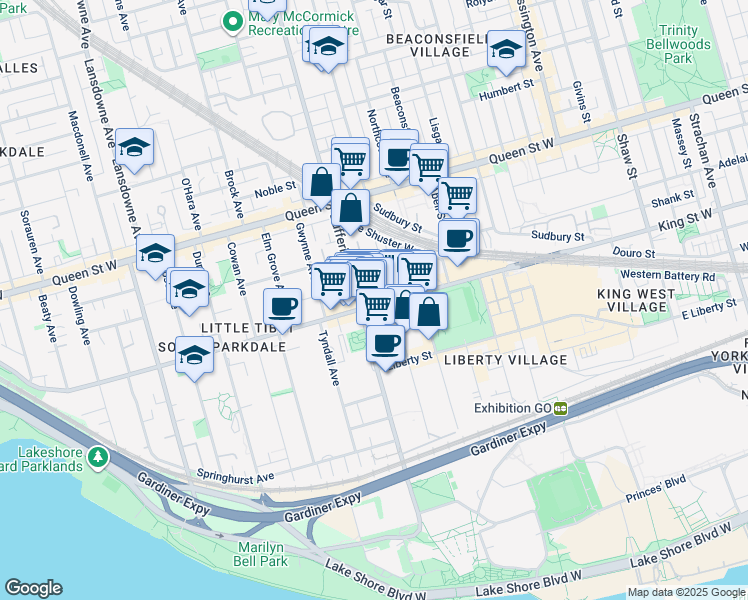 map of restaurants, bars, coffee shops, grocery stores, and more near 1172 King Street West in Toronto