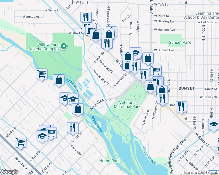 map of restaurants, bars, coffee shops, grocery stores, and more near 3890 West Glendale Street in Boise