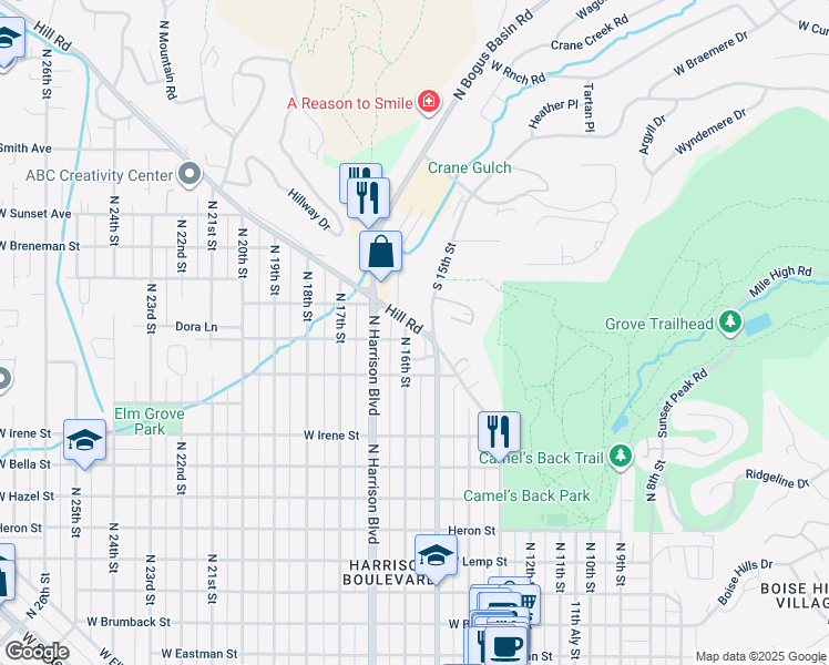 map of restaurants, bars, coffee shops, grocery stores, and more near 2200 North 16th Street in Boise