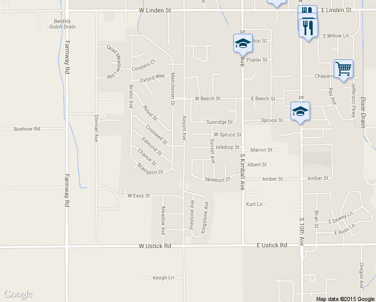 map of restaurants, bars, coffee shops, grocery stores, and more near 323 Hilldrop Street in Caldwell