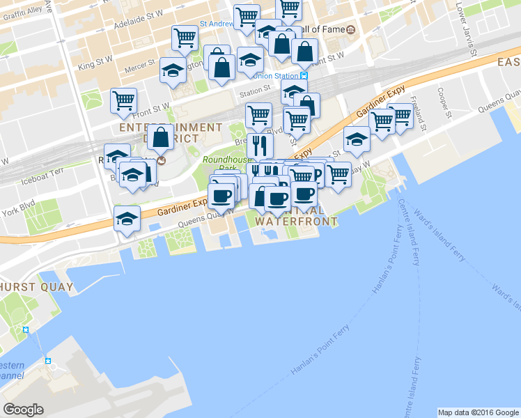 map of restaurants, bars, coffee shops, grocery stores, and more near 235 Martin Goodman Trail in Toronto
