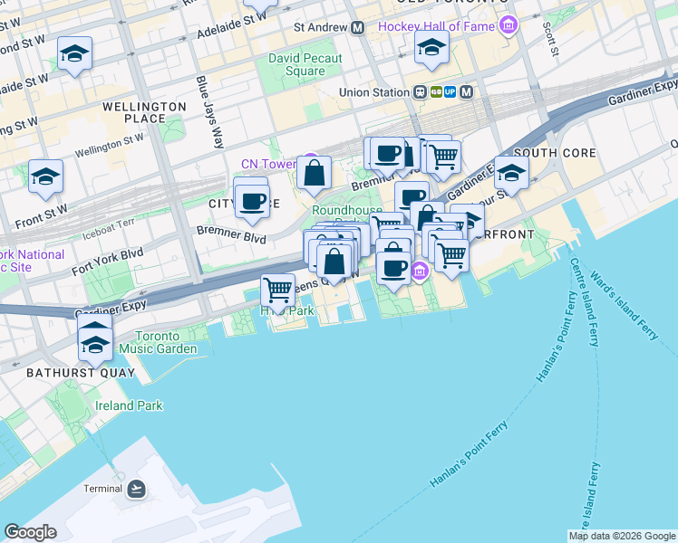 map of restaurants, bars, coffee shops, grocery stores, and more near 260 Queens Quay West in Toronto