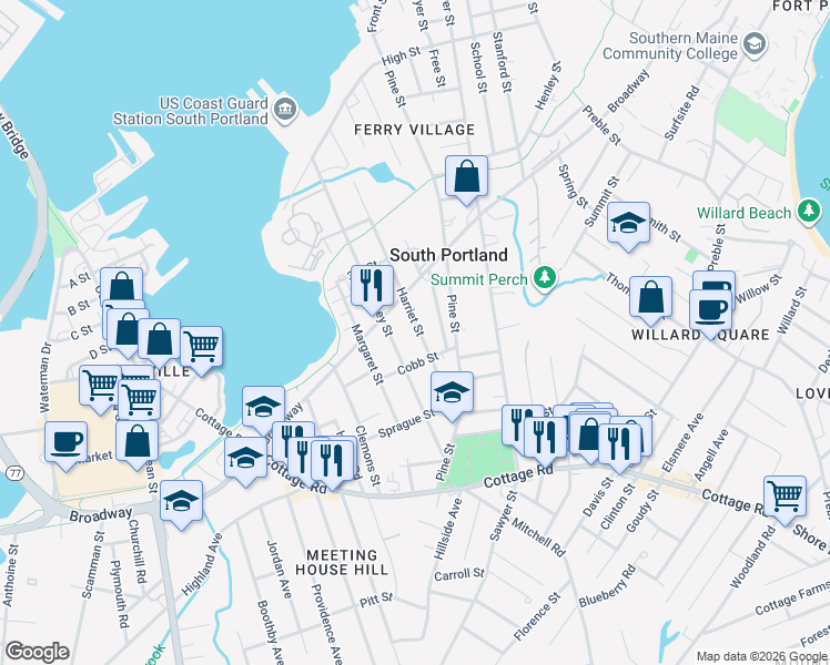 map of restaurants, bars, coffee shops, grocery stores, and more near 180 Harriet Street in South Portland