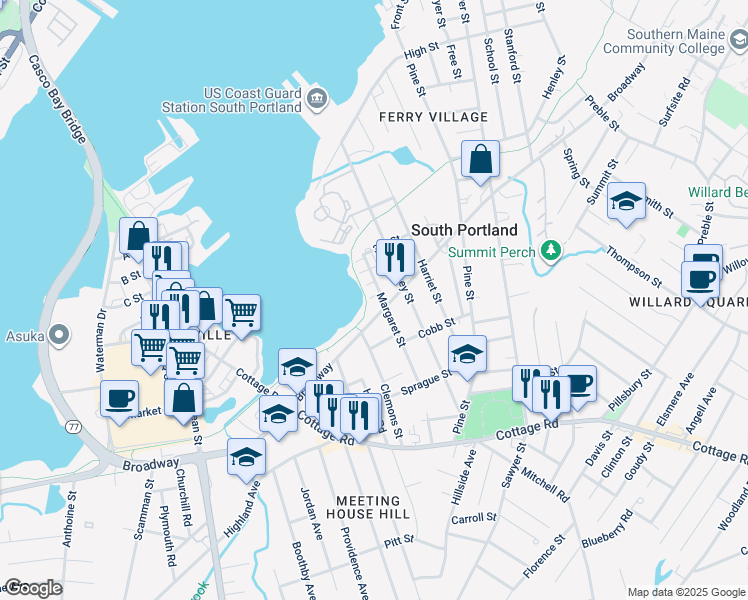 map of restaurants, bars, coffee shops, grocery stores, and more near 113 Margaret Street in South Portland