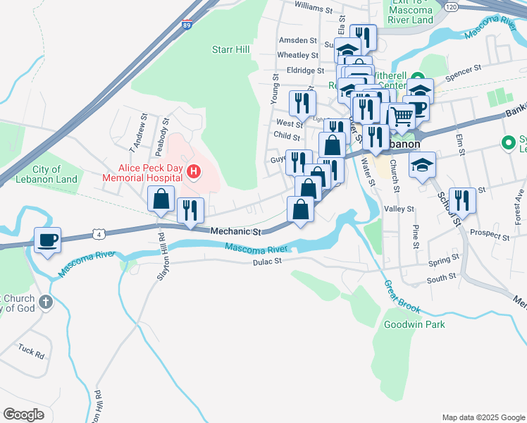 map of restaurants, bars, coffee shops, grocery stores, and more near 76 Mascoma Street in Lebanon