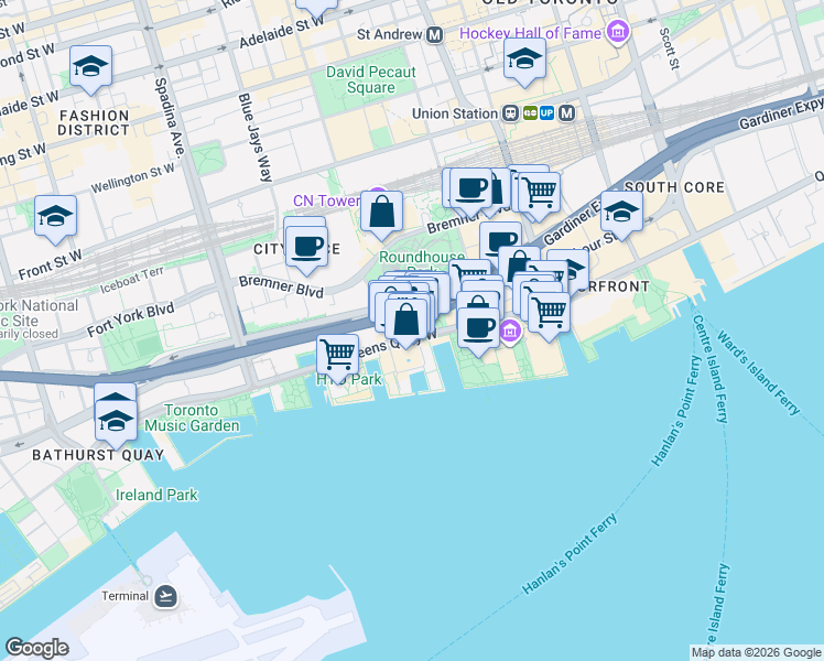 map of restaurants, bars, coffee shops, grocery stores, and more near 260 Queens Quay West in Toronto