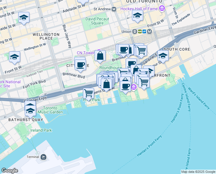 map of restaurants, bars, coffee shops, grocery stores, and more near 249 Queens Quay West in Toronto