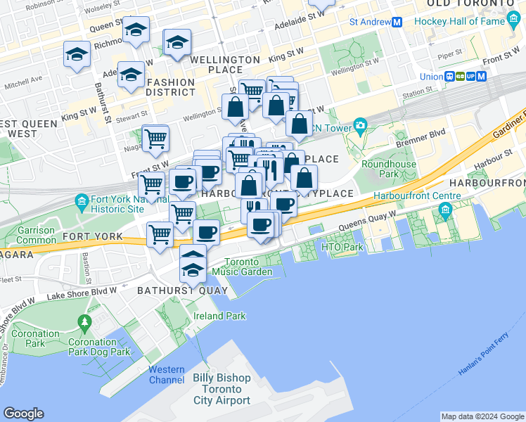 map of restaurants, bars, coffee shops, grocery stores, and more near 7 Brunel Court in Toronto