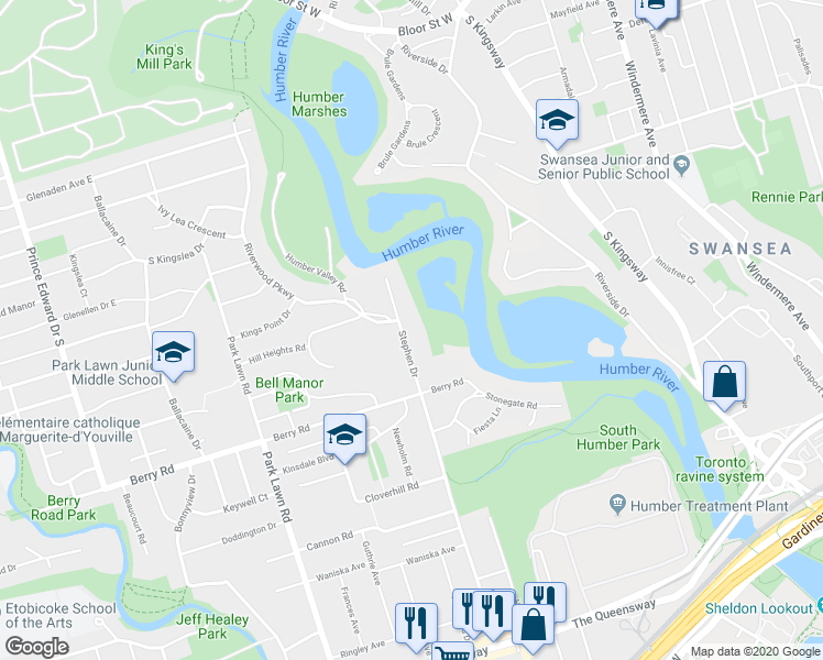 map of restaurants, bars, coffee shops, grocery stores, and more near 173 Stephen Drive in Toronto