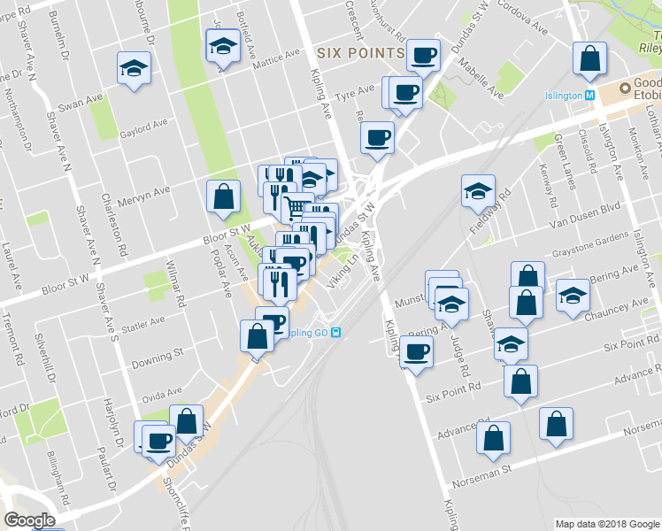 map of restaurants, bars, coffee shops, grocery stores, and more near in Toronto