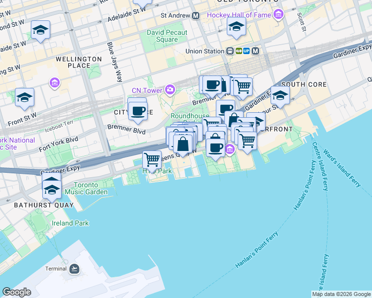 map of restaurants, bars, coffee shops, grocery stores, and more near 260 Queens Quay West in Toronto