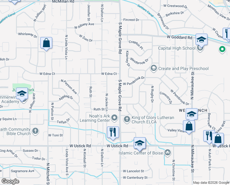 map of restaurants, bars, coffee shops, grocery stores, and more near 3725 North Maple Grove Road in Boise