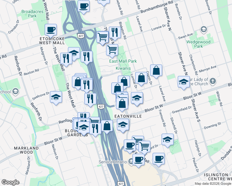 map of restaurants, bars, coffee shops, grocery stores, and more near 26 Gibbs Road in Toronto