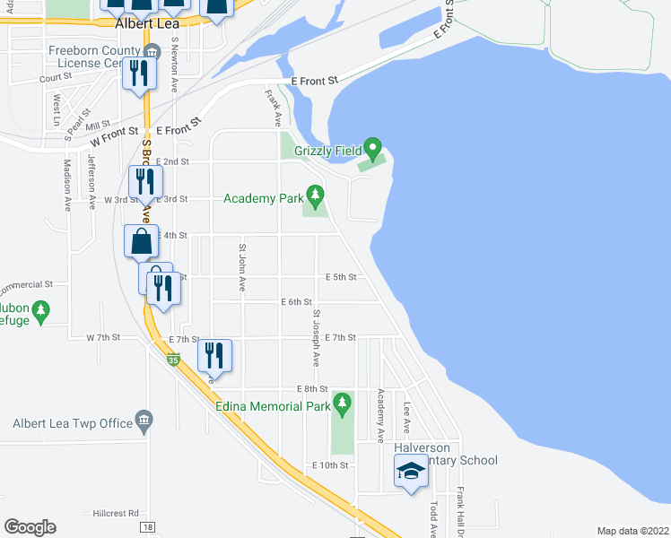 map of restaurants, bars, coffee shops, grocery stores, and more near 613 East 5th Street in Albert Lea