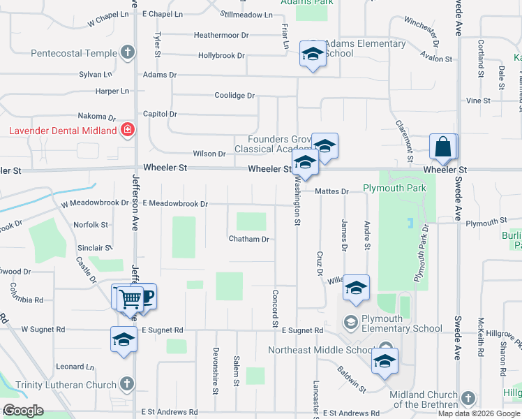 map of restaurants, bars, coffee shops, grocery stores, and more near 704 East Meadowbrook Drive in Midland