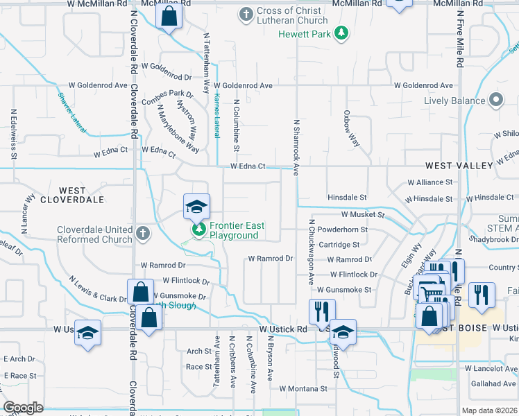 map of restaurants, bars, coffee shops, grocery stores, and more near 3829 N Tumbleweed Pl in Boise