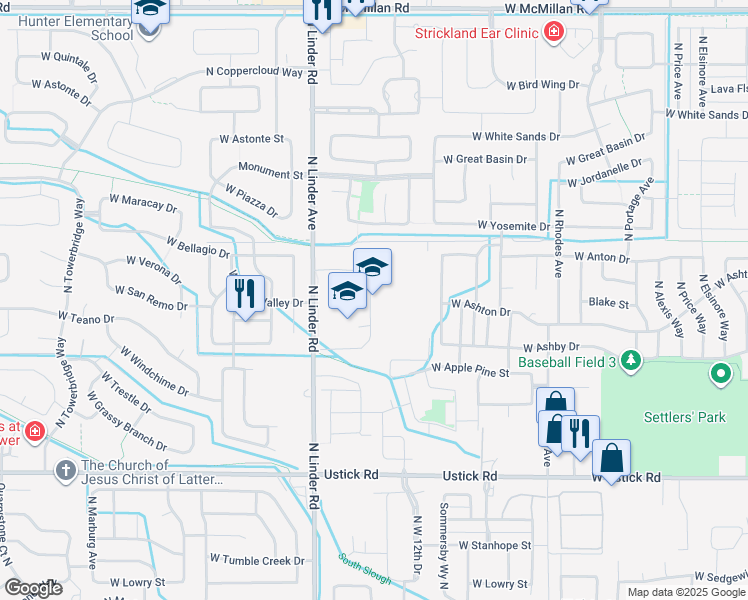map of restaurants, bars, coffee shops, grocery stores, and more near 3730 North Linder Road in Meridian