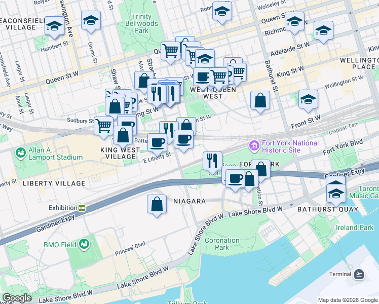 map of restaurants, bars, coffee shops, grocery stores, and more near 11 Ordnance Street in Toronto