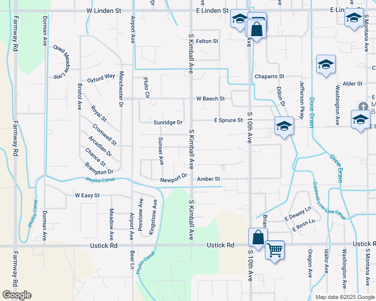 map of restaurants, bars, coffee shops, grocery stores, and more near 107 Hilldrop Street in Caldwell