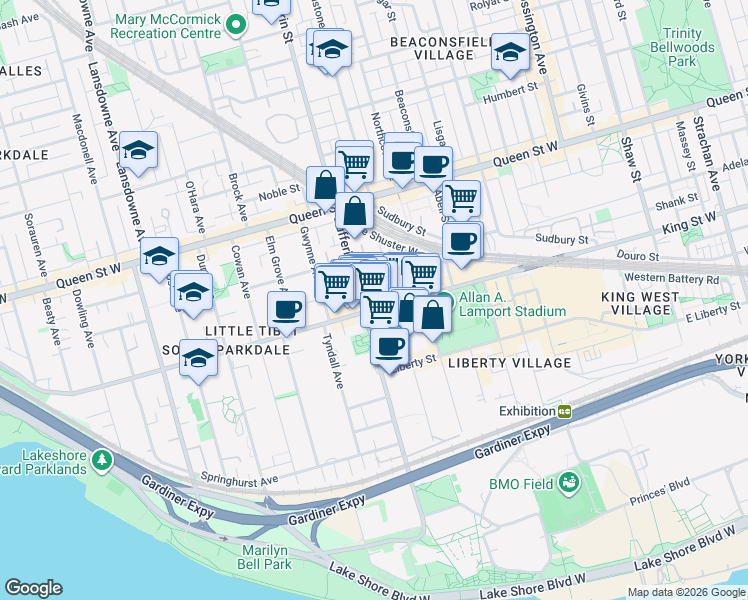 map of restaurants, bars, coffee shops, grocery stores, and more near 285 Dufferin Street in Toronto