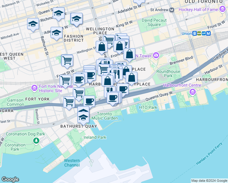 map of restaurants, bars, coffee shops, grocery stores, and more near in Toronto