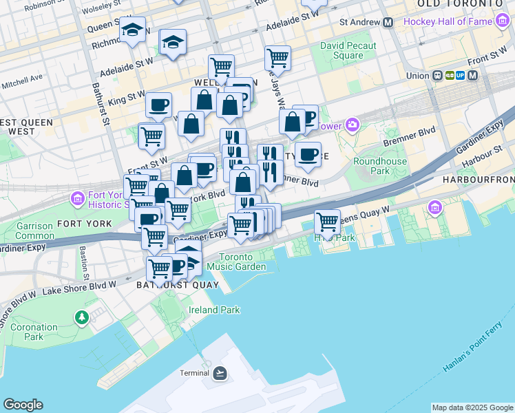 map of restaurants, bars, coffee shops, grocery stores, and more near in Toronto