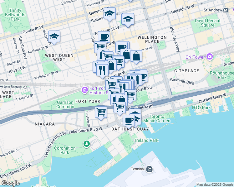 map of restaurants, bars, coffee shops, grocery stores, and more near 170 Fort York Boulevard in Toronto