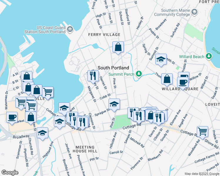 map of restaurants, bars, coffee shops, grocery stores, and more near 180 Harriet Street in South Portland