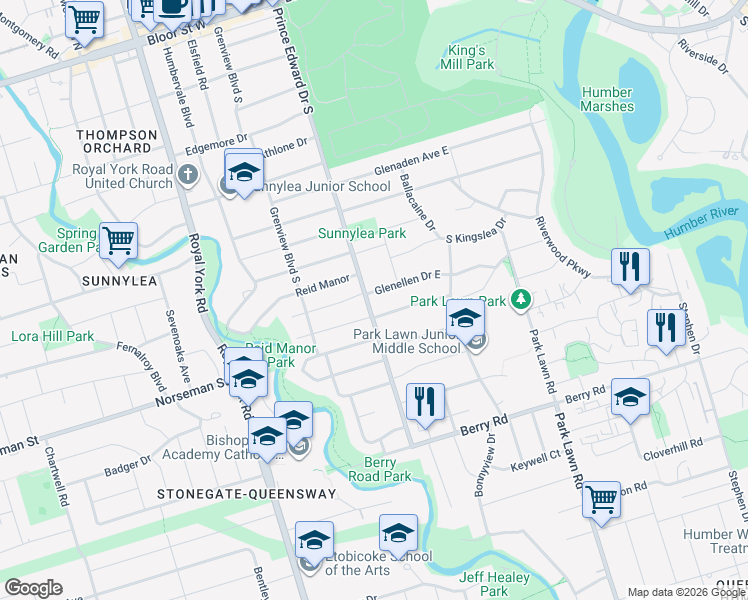 map of restaurants, bars, coffee shops, grocery stores, and more near 163 Prince Edward Drive South in Toronto