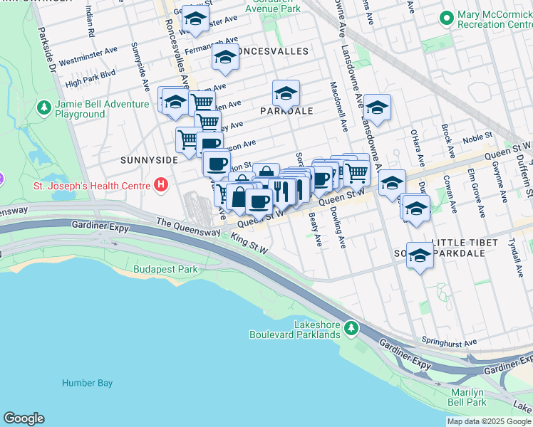 map of restaurants, bars, coffee shops, grocery stores, and more near in Toronto