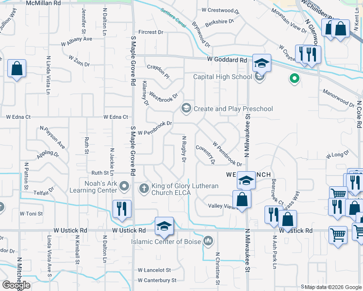 map of restaurants, bars, coffee shops, grocery stores, and more near 3800 Maywood Drive in Boise