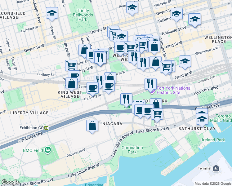 map of restaurants, bars, coffee shops, grocery stores, and more near 30 Ordnance Street in Toronto