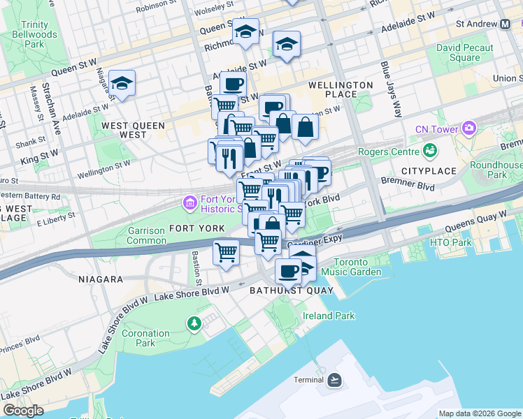 map of restaurants, bars, coffee shops, grocery stores, and more near 129 Fort York Boulevard in Toronto