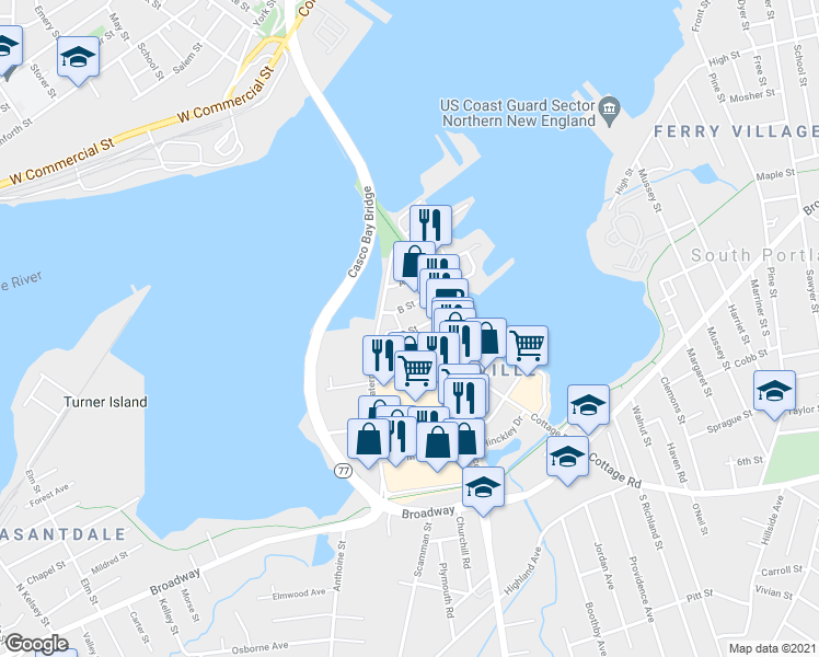 map of restaurants, bars, coffee shops, grocery stores, and more near 47 C Street in South Portland