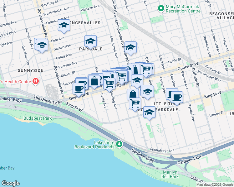 map of restaurants, bars, coffee shops, grocery stores, and more near 20 Laxton Avenue in Toronto