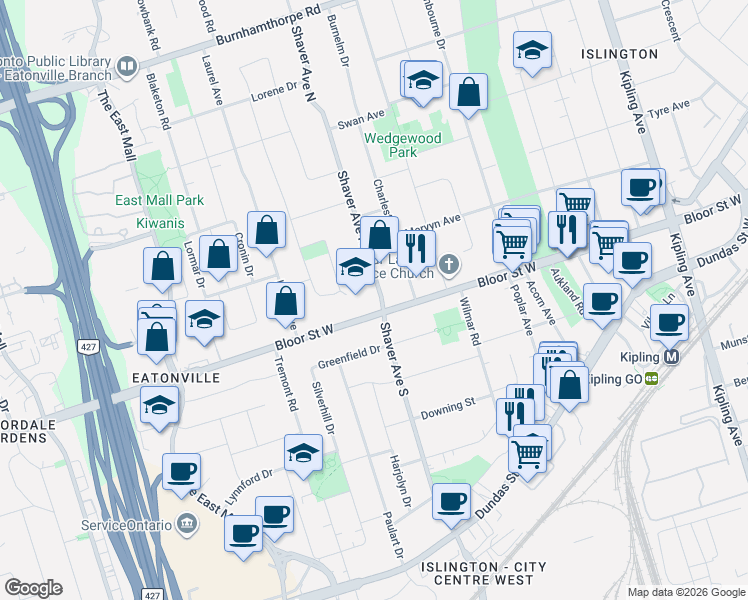 map of restaurants, bars, coffee shops, grocery stores, and more near 4 Shaver Avenue North in Toronto