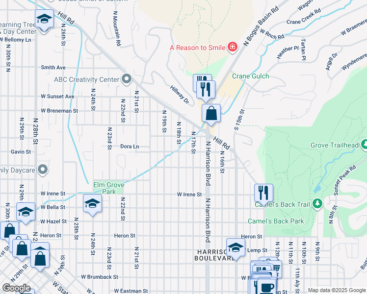 map of restaurants, bars, coffee shops, grocery stores, and more near 2105 North 18th Street in Boise
