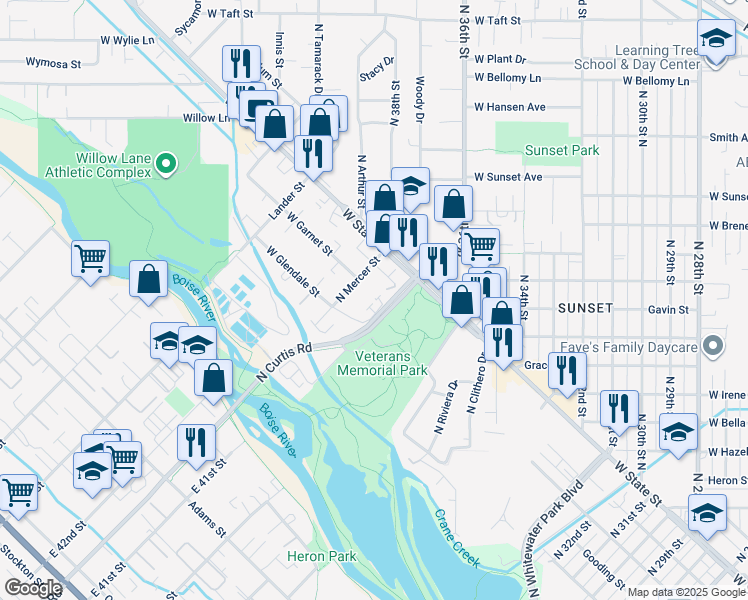 map of restaurants, bars, coffee shops, grocery stores, and more near 1006 North Mercer Street in Boise