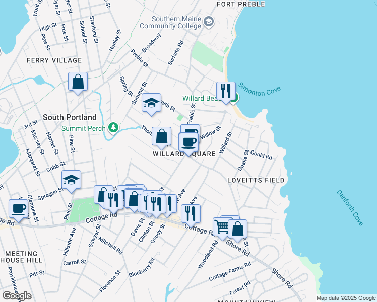 map of restaurants, bars, coffee shops, grocery stores, and more near in South Portland